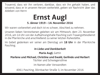 Traueranzeige von Ernst Augl von OÖNachrichten