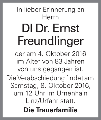 Traueranzeige von Ernst Freundlinger von OÖNachrichten