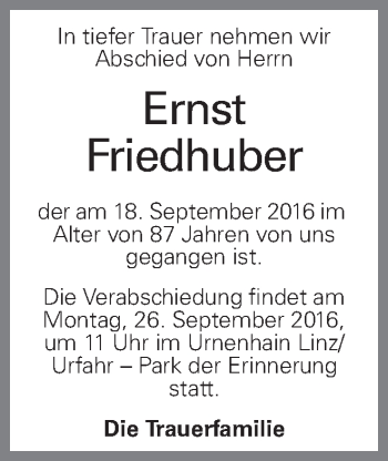 Traueranzeige von Ernst Friedhuber von OÖNachrichten