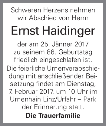 Traueranzeige von Ernst Haidinger von OÖNachrichten