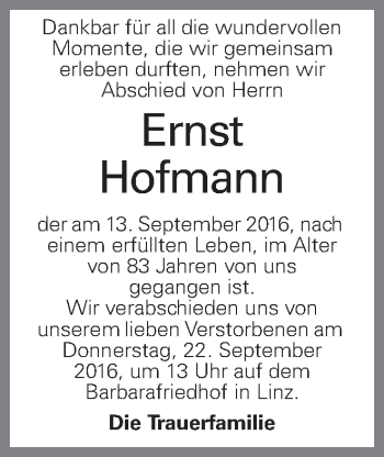 Traueranzeige von Ernst Hofmann von OÖNachrichten