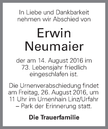 Traueranzeige von Erwin Neumaier von OÖNachrichten