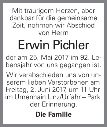 Traueranzeige von Erwin Pichler von OÖNachrichten