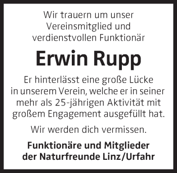 Traueranzeige von Erwin Rupp von OÖNachrichten
