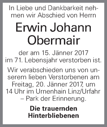 Traueranzeige von Erwin Johann Obermair von OÖNachrichten