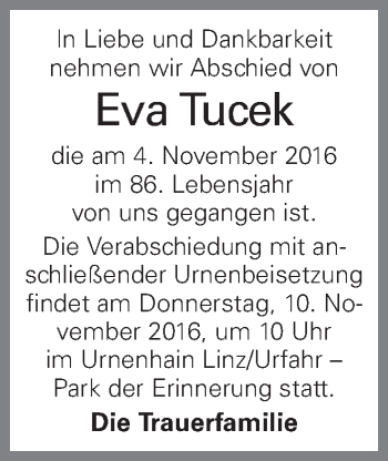 Traueranzeige von Eva Tucek von OÖNachrichten