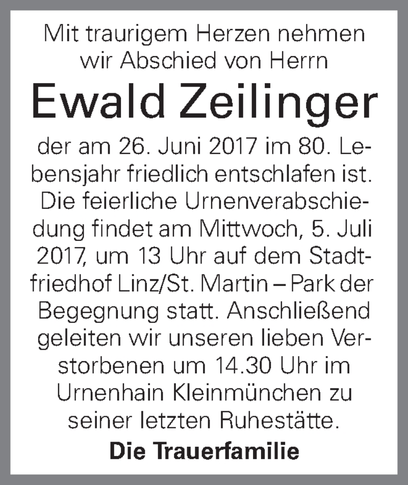  Traueranzeige für Ewald Zeilinger vom 01.07.2017 aus OÖNachrichten