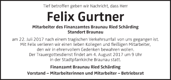 Traueranzeige von Felix Gurtner von OÖNachrichten