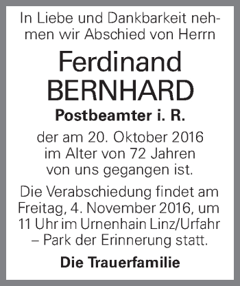 Traueranzeige von Ferdinand Bernhard von OÖNachrichten
