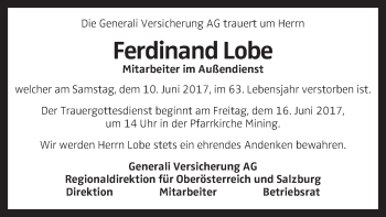 Traueranzeige von Ferdinand Lobe von OÖNachrichten