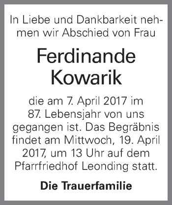 Traueranzeige von Ferdinande Kowarik von OÖNachrichten