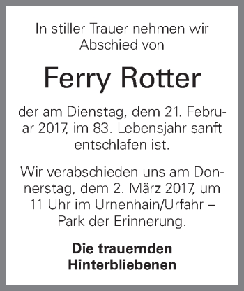 Traueranzeige von Ferry Rotter von OÖNachrichten