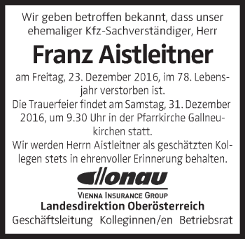 Traueranzeige von Franz Aistleitner von OÖNachrichten