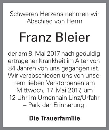 Traueranzeige von Franz Bleier von OÖNachrichten