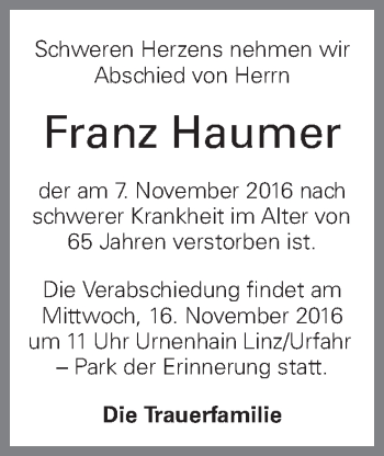 Traueranzeige von Franz Haumer von OÖNachrichten