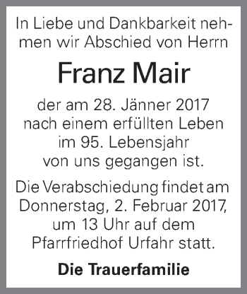 Traueranzeige von Franz Mair von OÖNachrichten