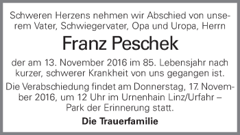 Traueranzeige von Franz Peschek von OÖNachrichten