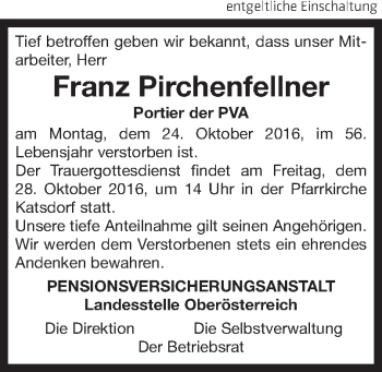 Traueranzeige von Franz Pirchnfellner von OÖNachrichten