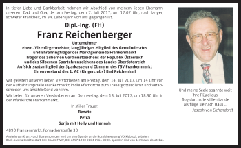 Traueranzeige von Franz Reichenberger von OÖNachrichten