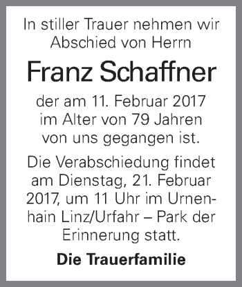 Traueranzeige von Franz Schaffner von OÖNachrichten
