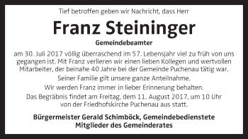 Traueranzeige von Franz Steininger von OÖNachrichten