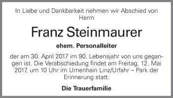 Traueranzeige von Franz Steinmaurer von OÖNachrichten