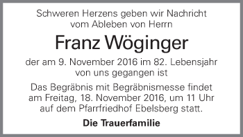 Traueranzeige von Franz Wöginger von OÖNachrichten