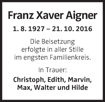 Traueranzeige von Franz Xaver Aigner von OÖNachrichten