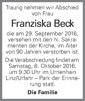 Traueranzeige von Franziska Beck von OÖNachrichten