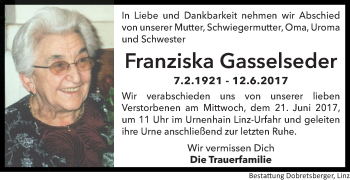 Traueranzeige von Franziska Gasselseder von OÖNachrichten
