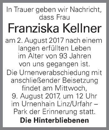 Traueranzeige von Franziska Kellner von OÖNachrichten