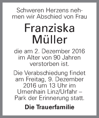 Traueranzeige von Franziska Müller von OÖNachrichten