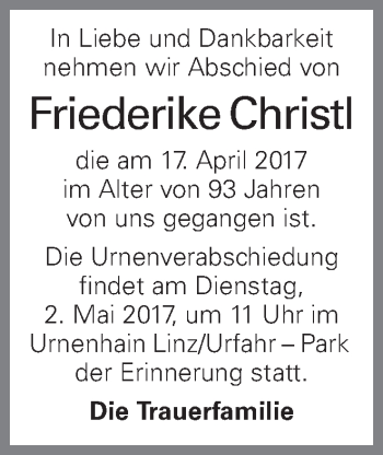 Traueranzeige von Friederike Christl von OÖNachrichten