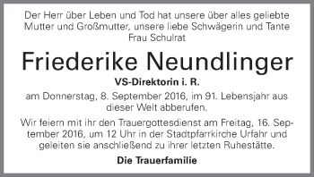 Traueranzeige von Friederike Neundlinger von OÖNachrichten