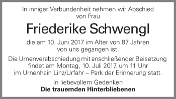 Traueranzeige von Friederike Schwengl von OÖNachrichten
