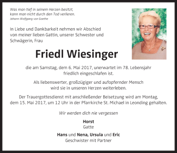 Traueranzeige von Friedl Wiesinger von OÖNachrichten
