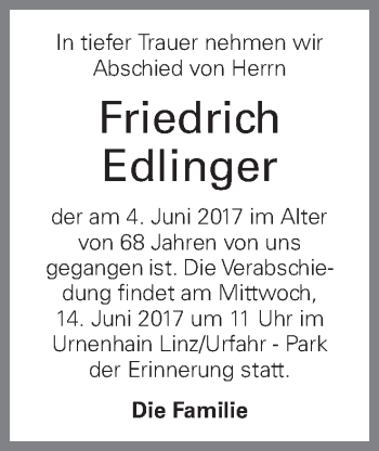 Traueranzeige von Friedrich Edlinger von OÖNachrichten
