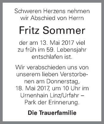 Traueranzeige von Fritz Sommer von OÖNachrichten