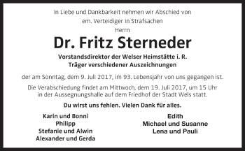 Traueranzeige von Fritz Sterneder von OÖNachrichten