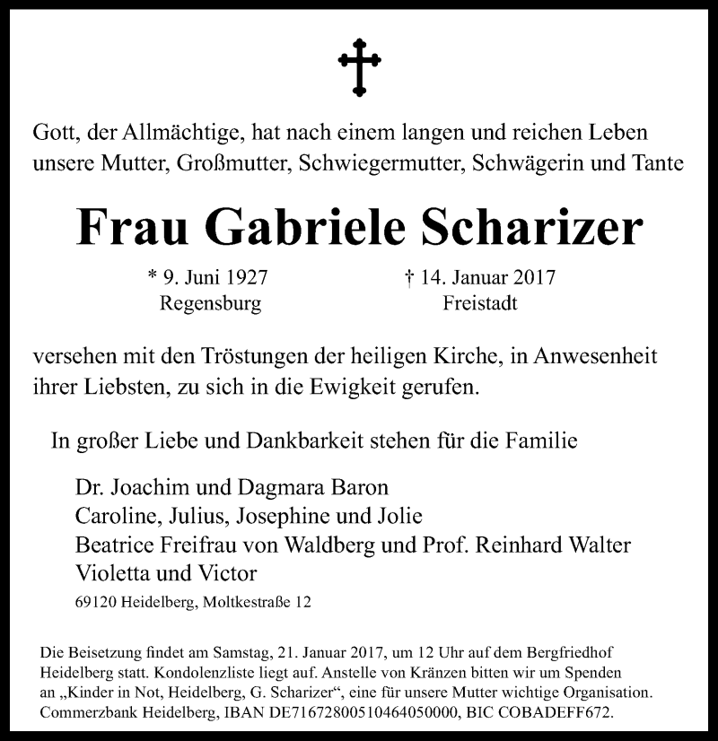  Traueranzeige für Gabriele Scharizer vom 19.01.2017 aus OÖNachrichten