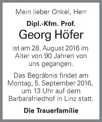 Traueranzeige von Georg Höfer von OÖNachrichten