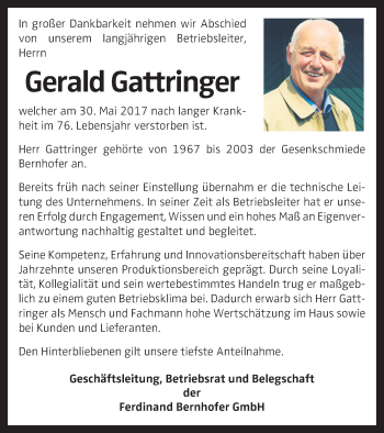 Traueranzeige von Gerald Gattringer von OÖNachrichten