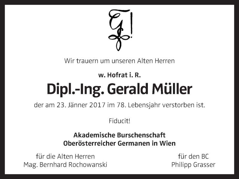  Traueranzeige für Gerald Müller vom 28.01.2017 aus OÖNachrichten