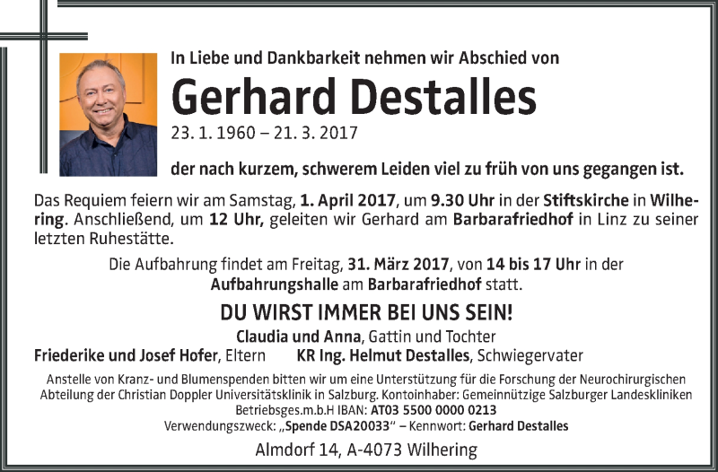  Traueranzeige für Gerhard Destalles vom 25.03.2017 aus OÖNachrichten