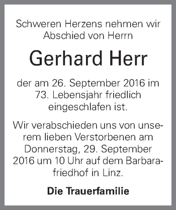 Traueranzeige von Gerhard Herr von OÖNachrichten