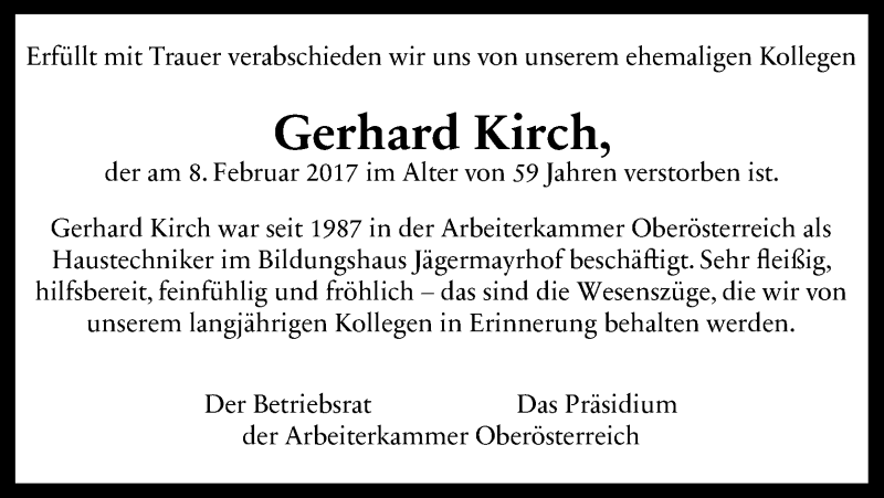  Traueranzeige für Gerhard Kirch vom 14.02.2017 aus OÖNachrichten