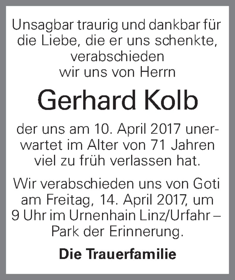  Traueranzeige für Gerhard Kolb vom 13.04.2017 aus OÖNachrichten