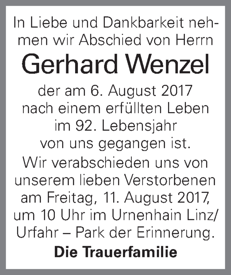  Traueranzeige für Gerhard Wenzel vom 09.08.2017 aus OÖNachrichten