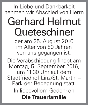 Traueranzeige von Gerhard Helmut Queteschiner von OÖNachrichten