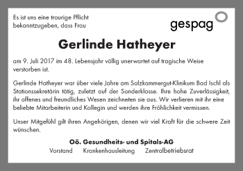 Traueranzeige von Gerlinde Hatheyer von OÖNachrichten
